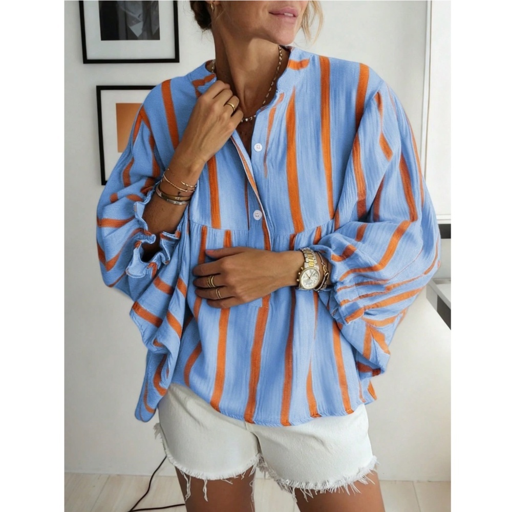 Blue Striped Oversized Button Down Shirt Batwing Sleeve